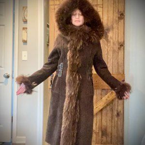 KOC Suede Full Length Coat lined with Sheerling and Embellished with Raccoon